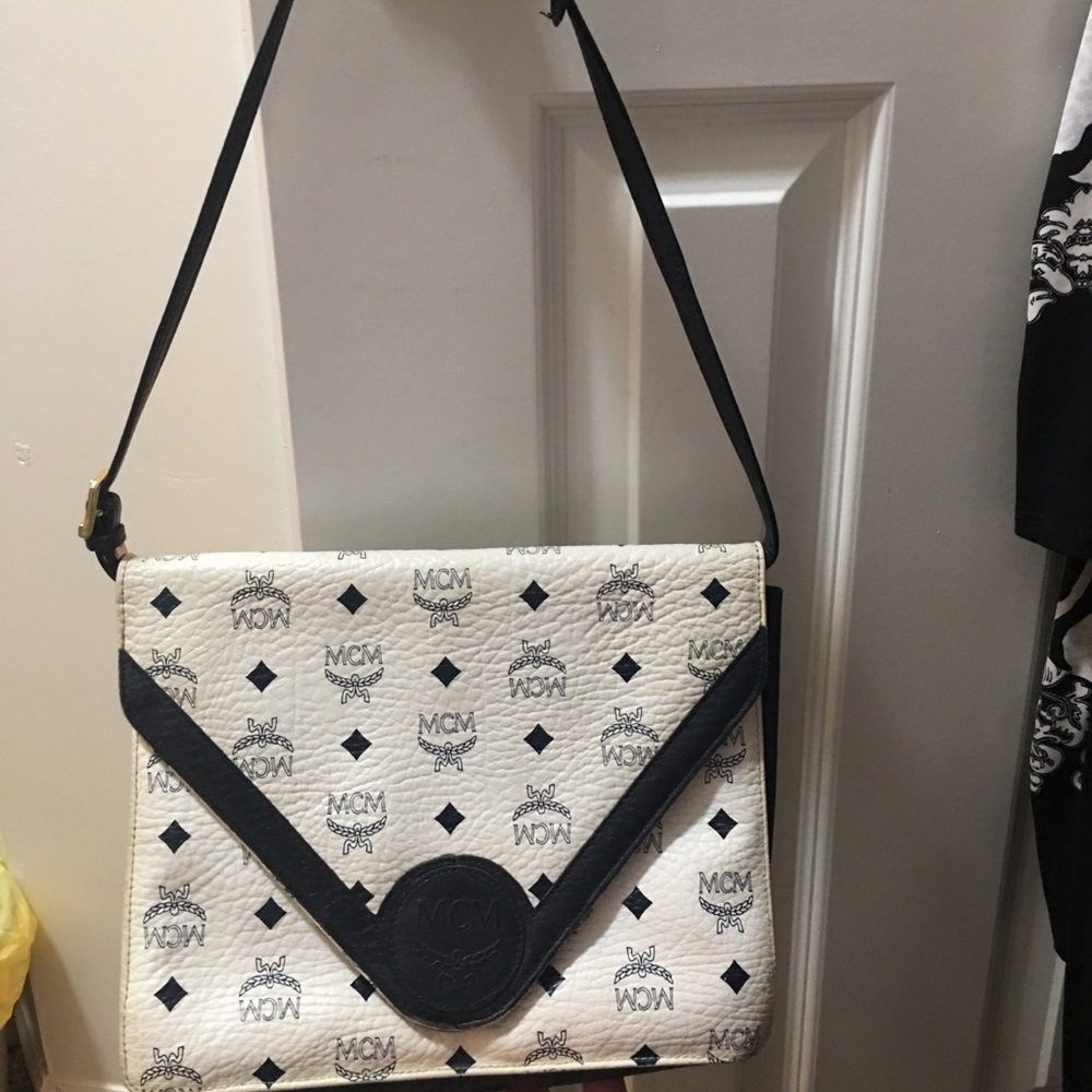 Vintage MCM navy/white signature envelope bag
